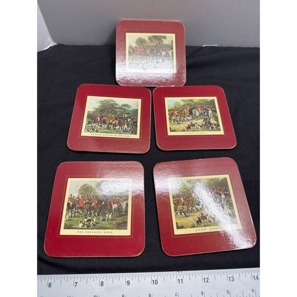 Set Of 5 Clover Leaf Fox Hunting Square Cork Base Coasters Vintage Style - Picture 4 of 11
